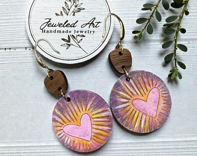 Hand-Painted Pink Heart Sunburst Engraved Wood Circle Earrings - Valentine's Day
