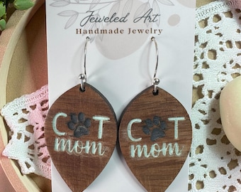 Hand-Painted Cat Mom Wooden Earrings