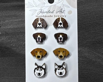 Hand-Painted Dog Lover Stud Engraved Wood Earrings