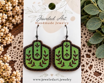 Botanical Green U-Shaped Earrings – Hand-Painted Wood – Jeweled Art Handmade