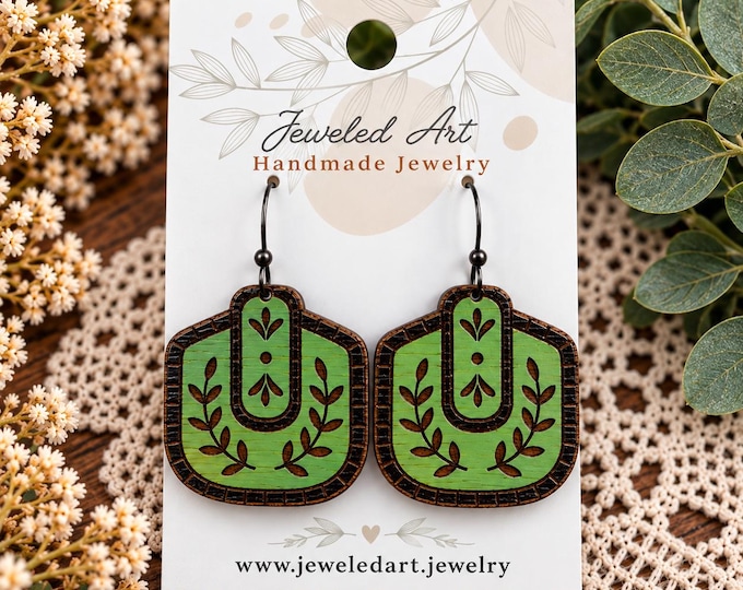 Botanical Green U-Shaped Earrings – Hand-Painted Wood – Jeweled Art Handmade