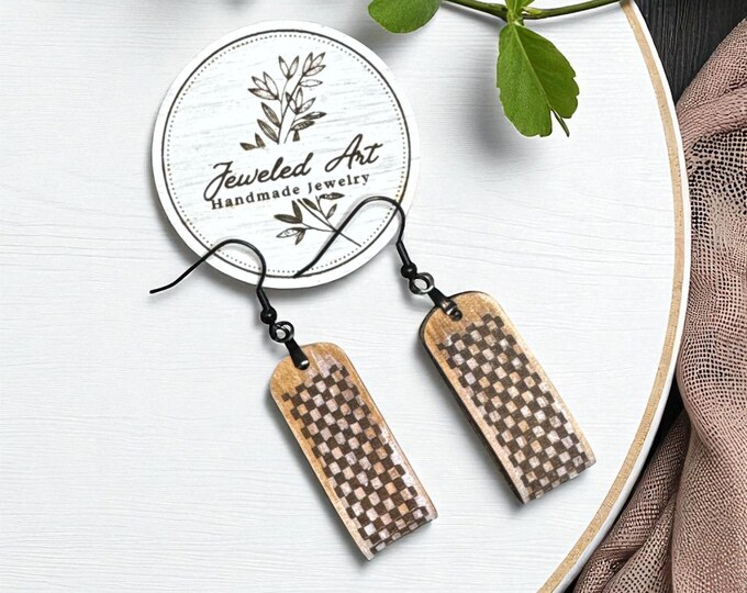 Hand-Painted Light Brown Checkerboard Leather Loop Earrings - Neutrals