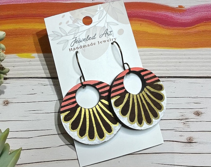 Hand-Painted Golden Sunset  Engraved Wood Earrings - Festival Ready