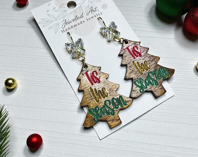 Hand-Painted ’Tis the Season Christmas Tree Engraved Wood Earrings