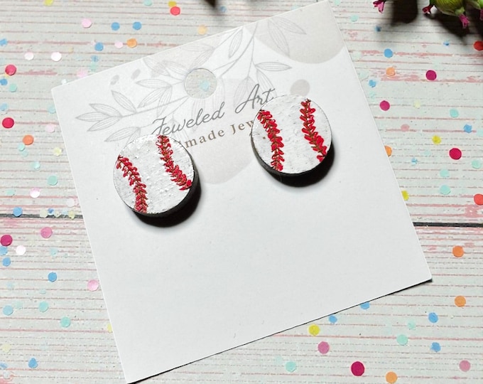 Hand-Painted Baseball Engraved Wood Stud Earrings