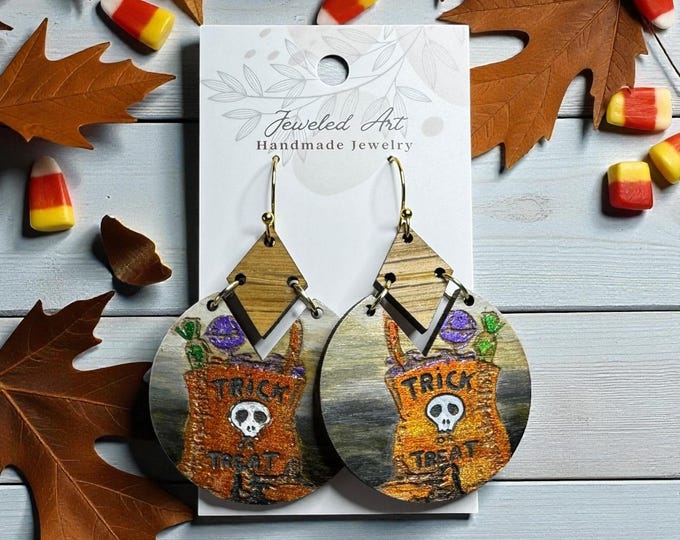 Hand-Painted Trick or Treat Engraved Wood Earrings – Jeweled Art Handmade