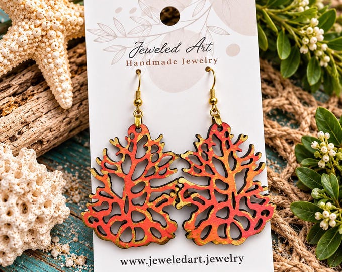 Coral Reef Earrings – Coastal Ocean-Inspired Wood Earrings – Jeweled Art Handmade