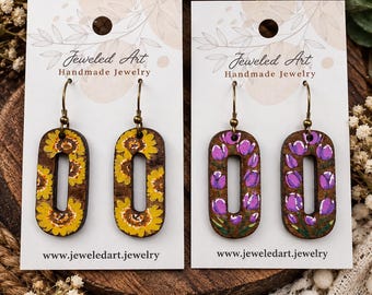Hand-Painted Floral Wood Earrings – Sunflower or Purple Flower Dangle Earrings