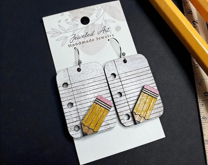 Hand-Painted Notebook and Pencil Wooden Earrings
