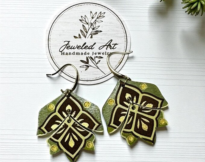 Hand-Painted Geometric Leaf Wooden Earrings – Jeweled Art Handmade