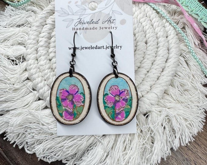 Hand-Painted Watercolor Floral Oval Earrings