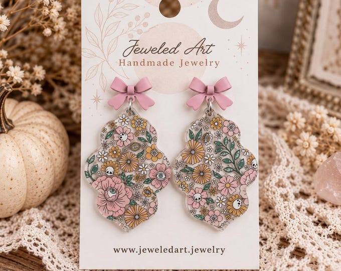 Floral Skulls Acrylic Lantern Shaped Earrings with Pink Bow Toppers