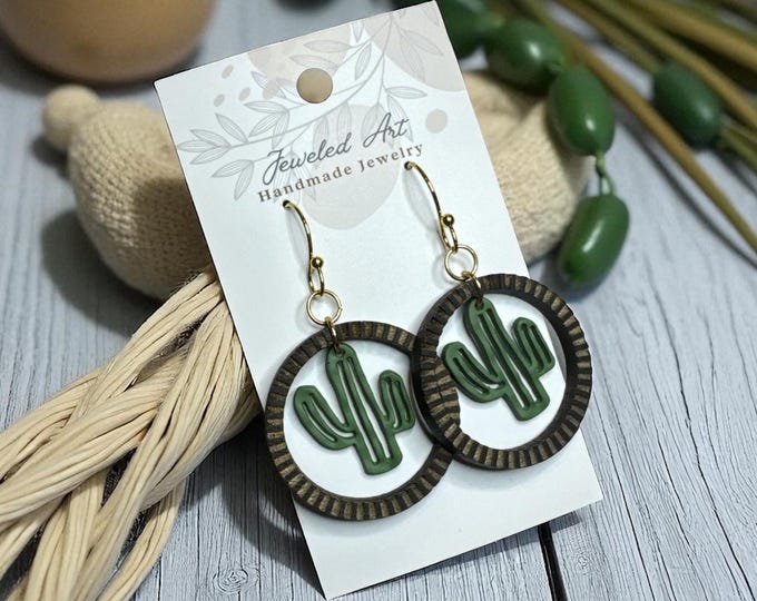 Hand-Painted Desert Vibes Cactus Hoop Dangle Earrings