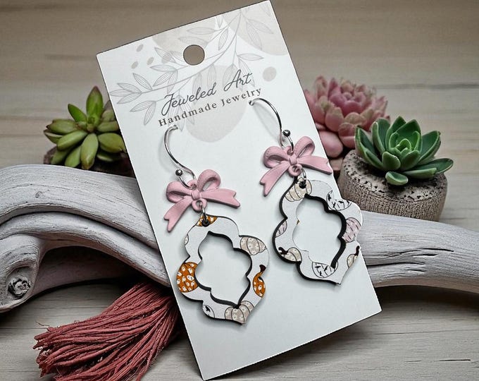 Hand-Crafted Whimsical Pumpkins + Pink Bows Wood Earrings