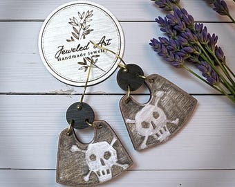 Hand-Painted Pirate Skull & Crossbones Wooden Earrings – Jeweled Art Handmade