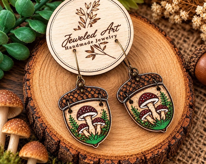 Hand-Painted Mushroom Acorn Earrings – Woodland Forest Design – Jeweled Art Handmade