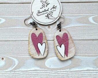 Hand-Painted Rustic Layered Heart Wood Engraved Dangle Earrings - Valentine's Day
