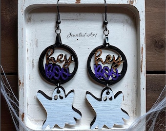 Hand-Painted Hey Boo White Ghost Dangle Wood Earrings  - Halloween Spooky Season