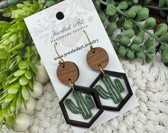 Southwestern Cactus Hexagon Earrings – Wood & Acrylic Statement Earrings – Jeweled Art