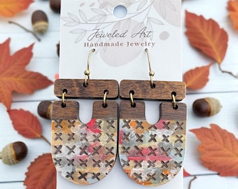 Hand-Painted Cross-Stitch Watercolor Engraved Wood Earrings