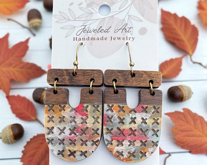 Hand-Painted Cross-Stitch Watercolor Engraved Wood Earrings