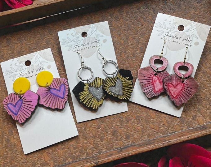 Hand-Painted Radiant Heart Burst Engraved Wood Earrings