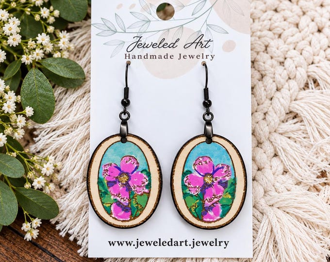 Hand-Painted Watercolor Floral  Oval Earrings