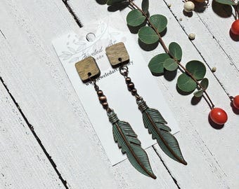 Turquoise Patina Feather Earrings – Rustic Copper Accent