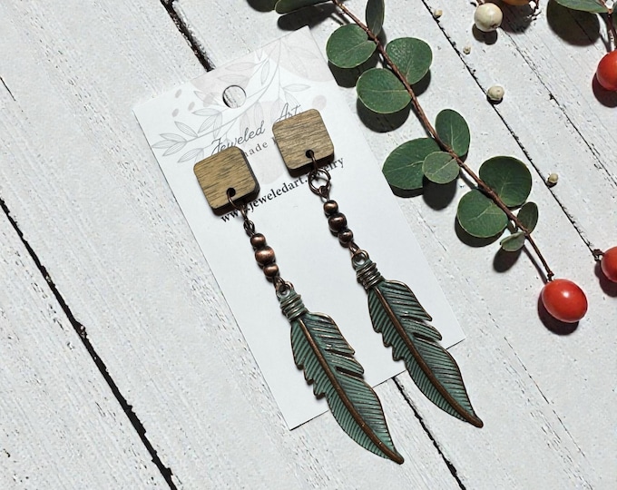 Turquoise Patina Feather Earrings – Rustic Copper Accent