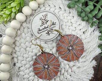 Hand-Painted Sand Dollar Earrings – Coastal Wood Statement Earrings – Jeweled Art Handmade