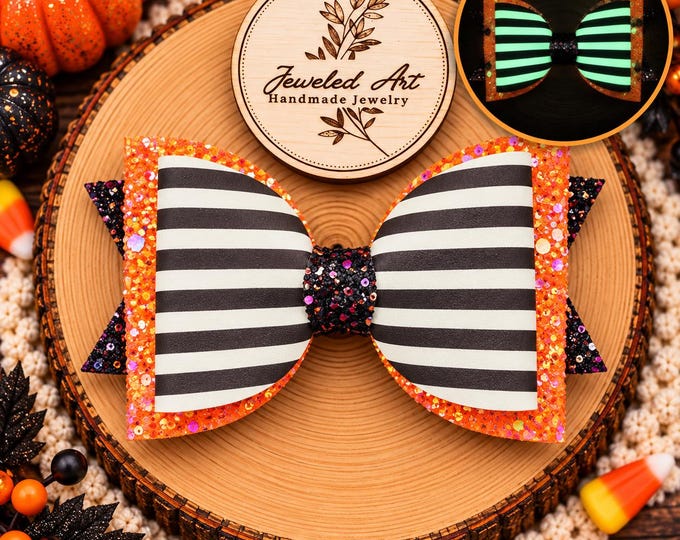 Glow in the Dark Halloween Hair Bow – Orange Glitter & Black Striped Bow