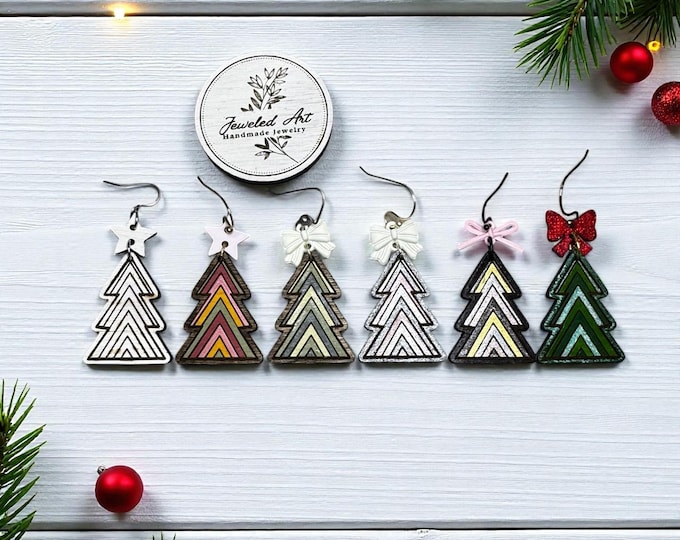 Hand-Painted Chevron Christmas Tree Engraved Wood Earrings