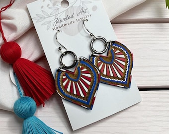 Hand-Painted Radiant Heart Shield Wood Earrings - Americana
