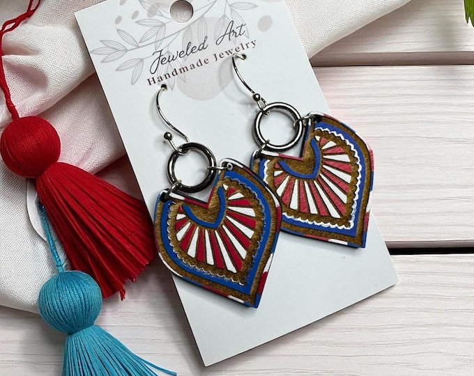 Hand-Painted Radiant Heart Shield Wood Earrings - Americana