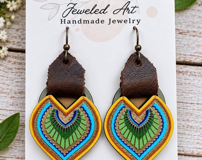Hand-Painted Geometric Heart Wood Engraved Earrings with Leather Details