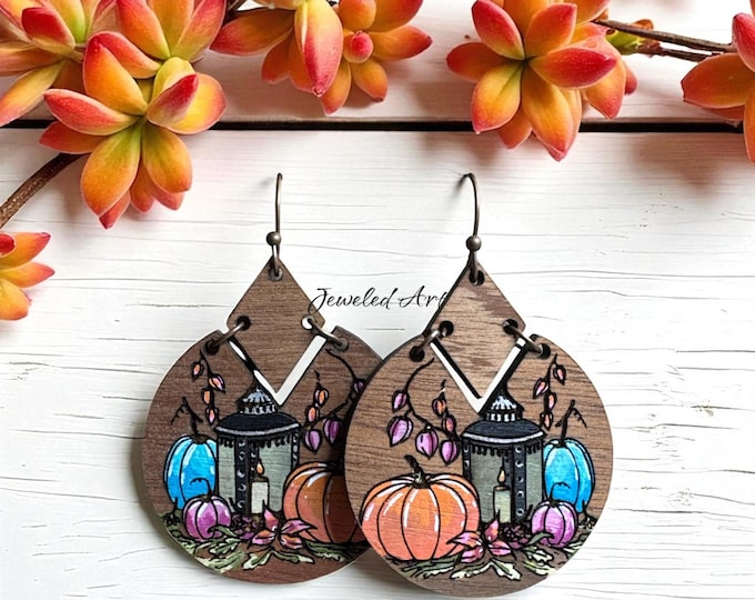 Hand-Painted Harvest Pumpkin Lantern Wood Earrings