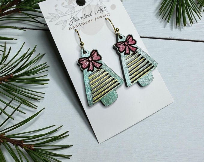Hand-Painted Teal Christmas Tree Earrings with Red Bows