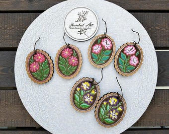 Hand-Painted Velvet Flower Cameo Ruffle Wood Engraved Earrings - 3 Styles