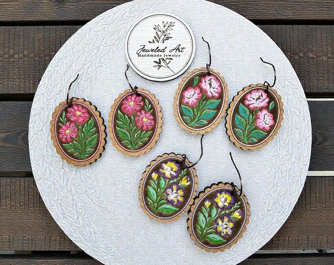 Hand-Painted Velvet Flower Cameo Ruffle Wood Engraved Earrings - 3 Styles