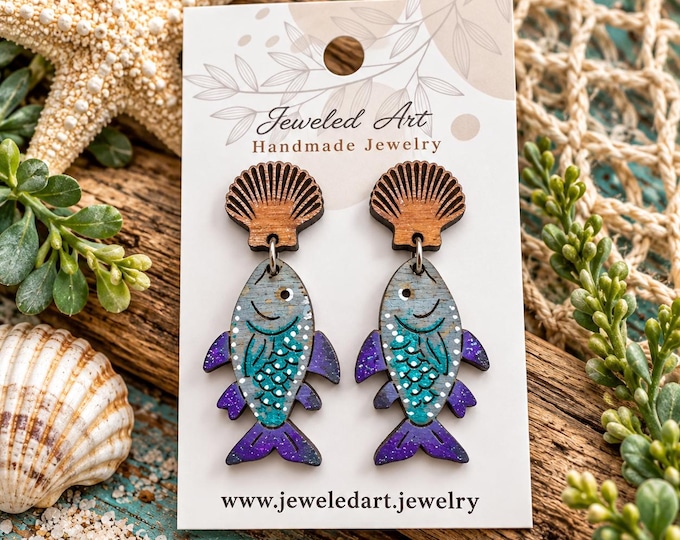 Hand-Painted Fish Earrings – Coastal Wood Dangle Earrings – Jeweled Art Handmade