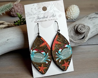 Hand-Painted Coastal Crab Teardrop Wood Earrings
