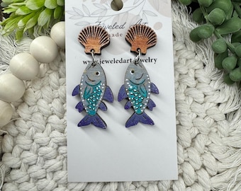 Hand-Painted Fish Earrings – Coastal Wood Dangle Earrings – Jeweled Art Handmade
