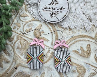 Pink Bow Geometric Earrings – Hand-Painted Wood – Jeweled Art Handmade