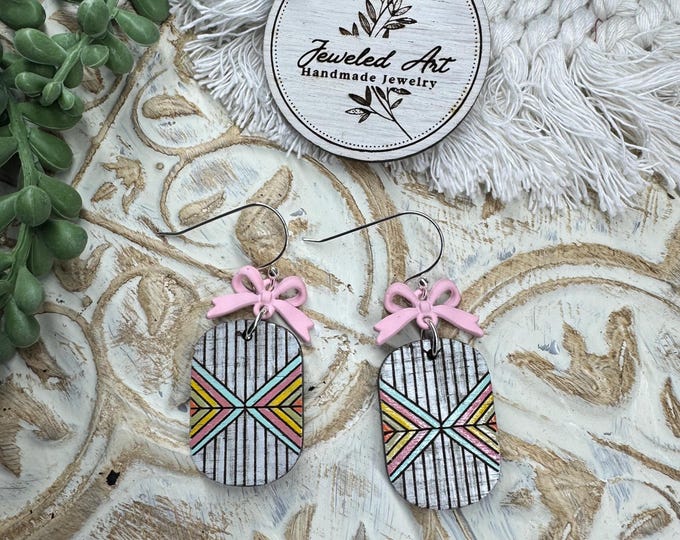 Pink Bow Geometric Earrings – Hand-Painted Wood – Jeweled Art Handmade