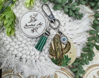 Southwest Cactus Keychain – Western Desert Bag Charm – Jeweled Art Handmade