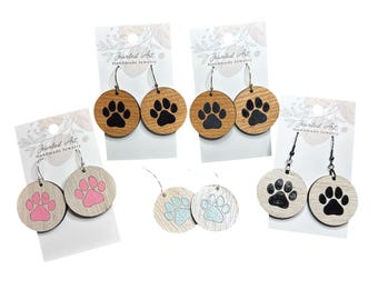 Hand-Painted Pet Paw Print Dial Wood Engraved Earrings