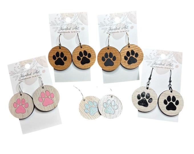 Hand-Painted Pet Paw Print Dial Wood Engraved Earrings