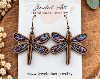 Patina Dragonfly Hand Painted Wood Engraved Earrings