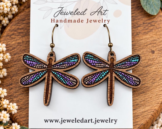 Patina Dragonfly Hand Painted Wood Engraved Earrings