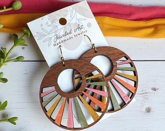 Hand-Painted Boho Sunburst Large Wood Earrings
